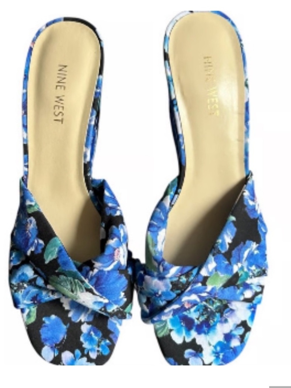 Nine West Blue Floral Knot-Front Slide Mules
